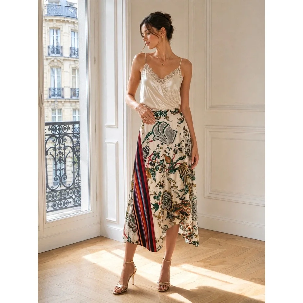 Tory Burch Marie Silk Skirt Floral Asymmetrical Handkerchief Midi Size 12 New